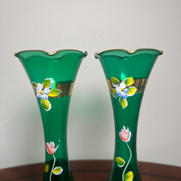 VTG Pair Czech Bohemian Green Vase Hand painted Hand blown 22k Gold Accents 8" - Picture 3 of 10